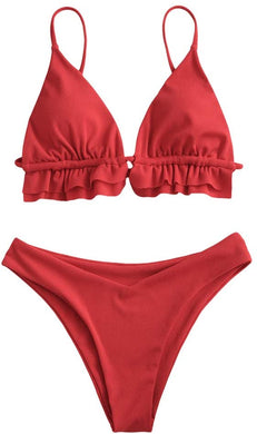 Red Spaghetti Strap Tie Back Ruffle Triangle Bikini Set