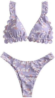 Purple Flower Spaghetti Strap Tie Back Ruffle Triangle Bikini Set