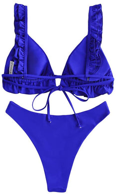 Blueberry Blue Spaghetti Strap Tie Back Ruffle Triangle Bikini Set