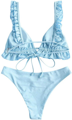 Mint Blue Spaghetti Strap Tie Back Ruffle Triangle Bikini Set