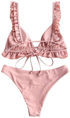 Rose Pink Spaghetti Strap Tie Back Ruffle Triangle Bikini Set