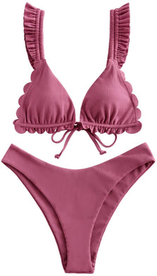 Violet Red Spaghetti Strap Tie Back Ruffle Triangle Bikini Set