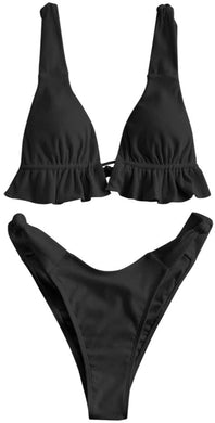 Black Spaghetti Strap Tie Back Ruffle Triangle Bikini Set