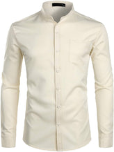 Load image into Gallery viewer, Men&#39;s Banded Collar Beige Long Sleeve Button Down Shirt
