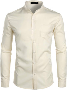 Men's Banded Collar Beige Long Sleeve Button Down Shirt