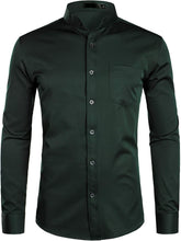 Load image into Gallery viewer, Men&#39;s Banded Collar Forest Green Long Sleeve Button Down Shirt