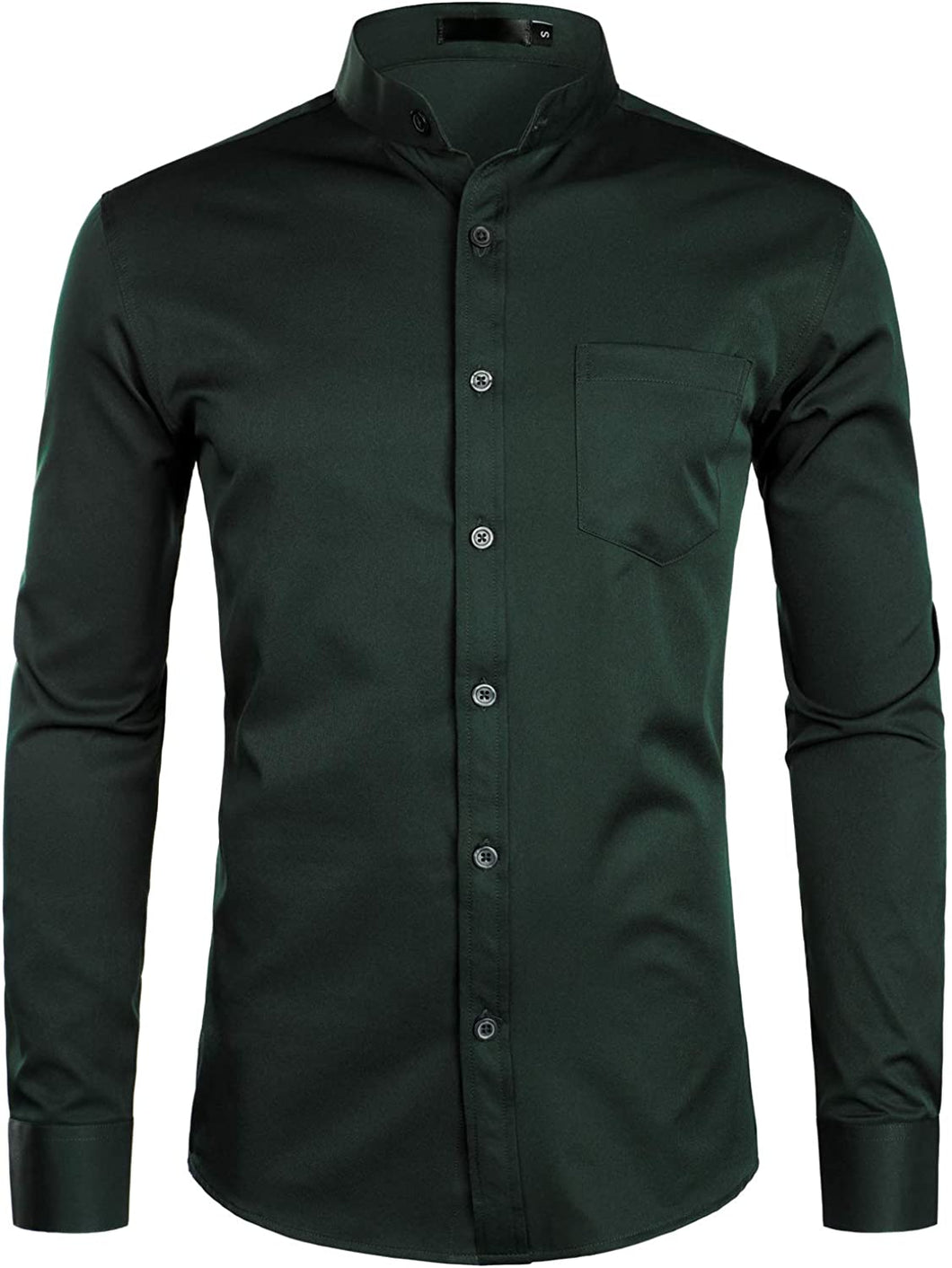 Men's Banded Collar Forest Green Long Sleeve Button Down Shirt