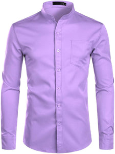 Men's Banded Collar Lavender Long Sleeve Button Down Shirt