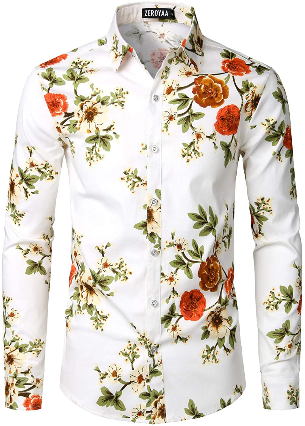 Men's White Floral Slim Fit Long Sleeve Cotton Shirt
