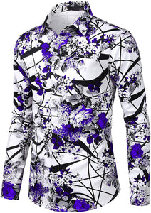 Men's Purple Floral Slim Fit Long Sleeve Button Down Shirt