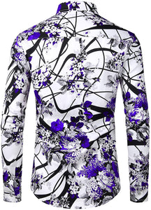 Men's White & Purple Floral Slim Fit Long Sleeve Cotton Shirt