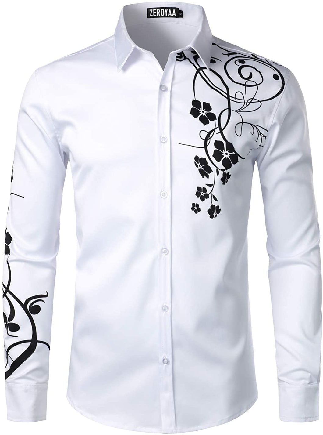 Men's Hipster Floral White Slim Fit Long Sleeve Shirt