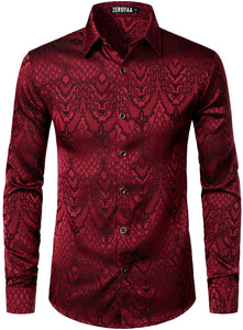 Men's Burgundy Long Sleeve Button Up Gothic Jacquard