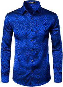 Men's Jacquard Royal Blue Slim Fit Long Sleeve Button Up Shirt