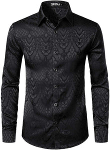 Men's Black Jacquard Slim Fit Long Sleeve Button Up Shirt