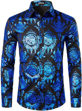 Load image into Gallery viewer, Men&#39;s Luxury Baroque Shiny Blue &amp; White Long Sleeve Button Up Shirt