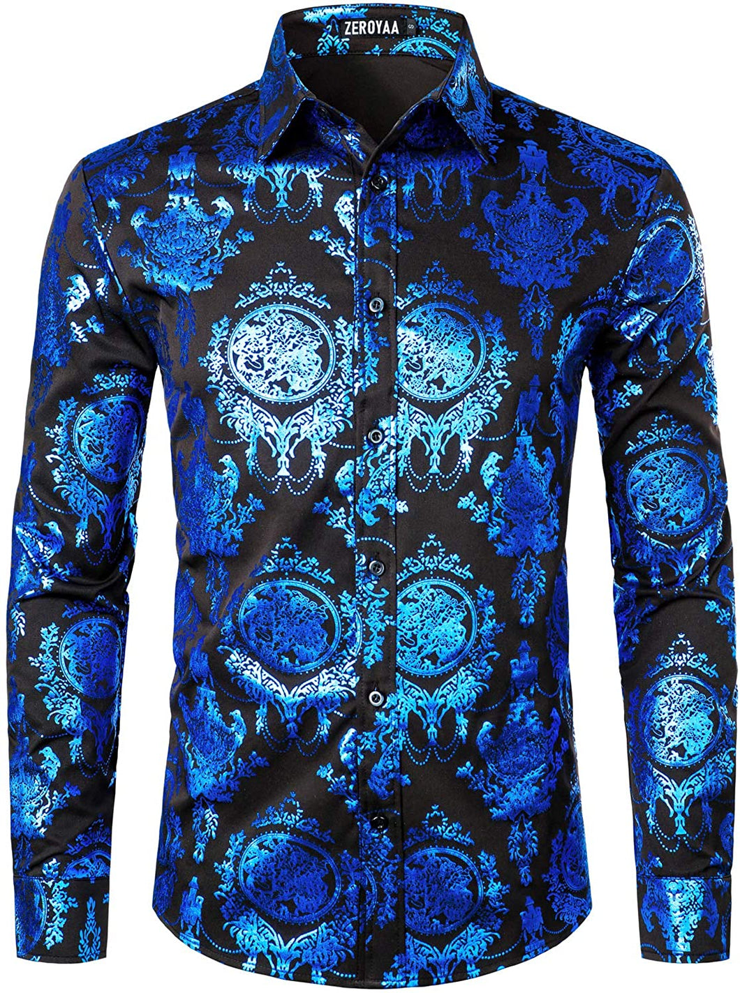 Men's Luxury Baroque Shiny Turquoise & Black Long Sleeve Button Up Shirt