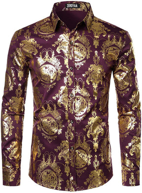 Men's Luxury Baroque Shiny Burgundy & Gold Long Sleeve Button Up Shirt