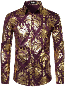 Men's Luxury Baroque Shiny Gold & White Long Sleeve Button Up Shirt