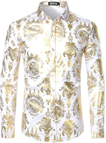 Men's Luxury Baroque Shiny Gold & White Long Sleeve Button Up Shirt