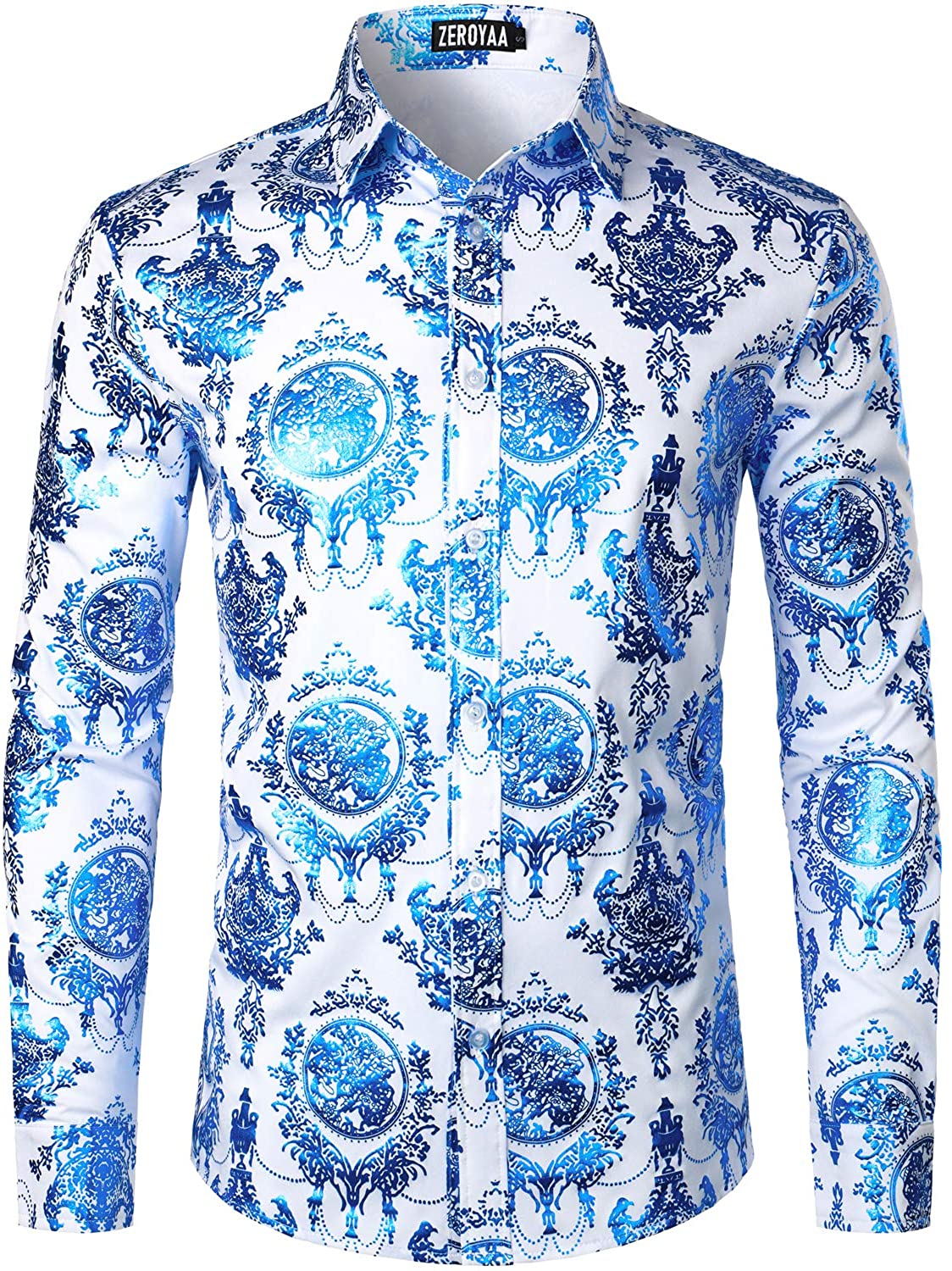 Men's Luxury Baroque Shiny Blue & White Long Sleeve Button Up Shirt ...