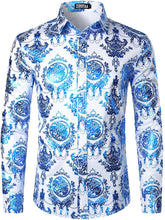 Load image into Gallery viewer, Men&#39;s Luxury Baroque Shiny Blue &amp; White Long Sleeve Button Up Shirt