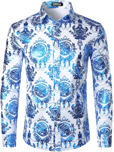 Men's Luxury Baroque Shiny Blue & White Long Sleeve Button Up Shirt