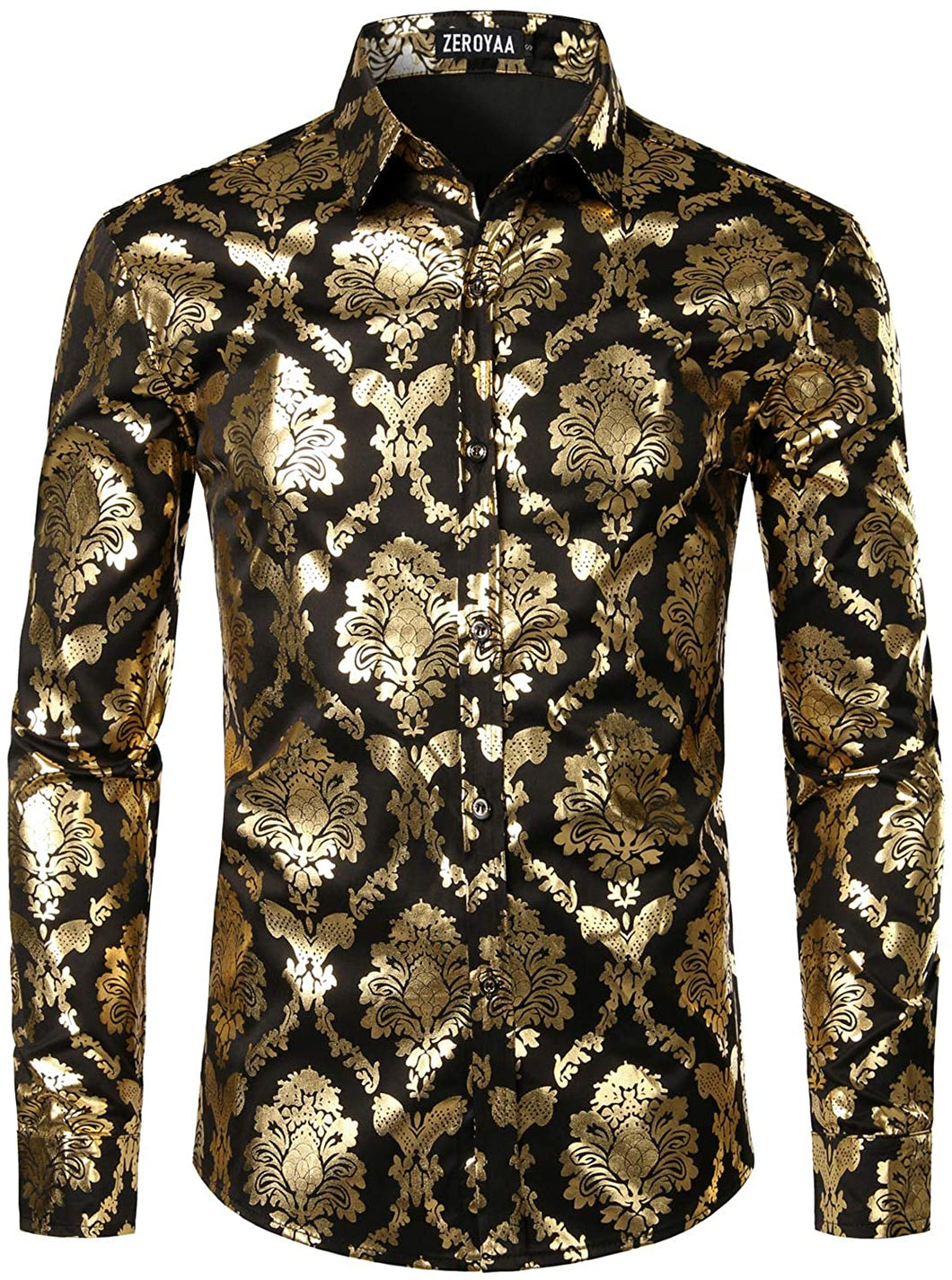 Men's Luxury Baroque Shiny Black & Gold Long Sleeve Button Up Shirt
