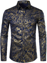 Load image into Gallery viewer, Men&#39;s Long Sleeve Navy-Gold Paisley Printed Dress Shirt