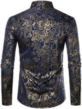 Load image into Gallery viewer, Men&#39;s Long Sleeve Navy-Gold Paisley Printed Dress Shirt