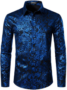 Men's Long Sleeve Royal Blue Paisley Printed Dress Shirt