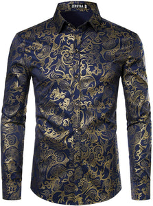 Men's Long Sleeve Navy-Gold Paisley Printed Dress Shirt