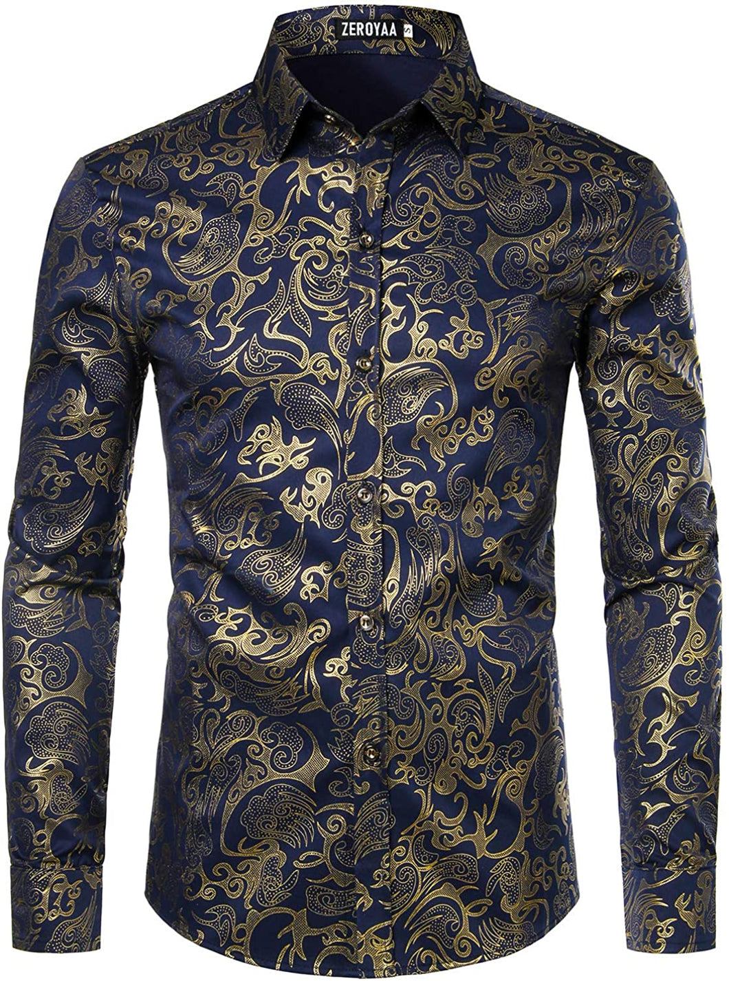 Men's Long Sleeve Navy-Gold Paisley Printed Dress Shirt
