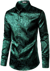 Men's Shiny Satin Emerald Long Sleeve Party Shirt