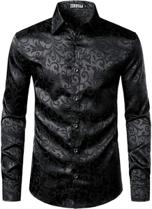 Men's Shiny Satin Black Long Sleeve Party Shirt