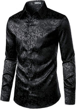 Load image into Gallery viewer, Men&#39;s Shiny Satin Black Long Sleeve Party Shirt