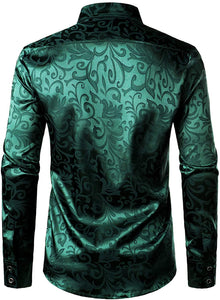 Men's Shiny Satin Emerald Long Sleeve Party Shirt