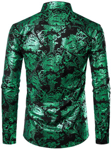Men's Long Sleeve Black Dark Green Paisley Printed Dress Shirt
