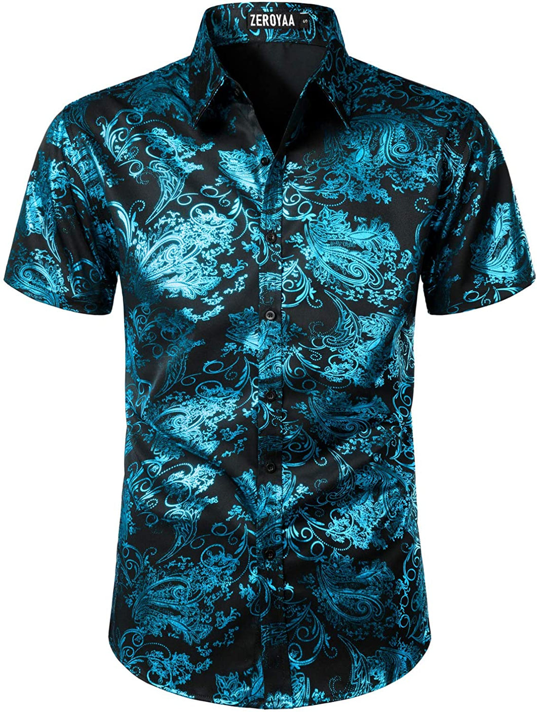 Men's Turquoise Paisley Short Sleeve Polo Style Dress Shirt
