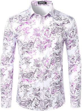 Men's White Purple Floral Button Down Long Sleeve Dress Shirt