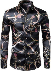 Men's Luxury Butterfly Printed Silk Like Satin Button Down Shirt