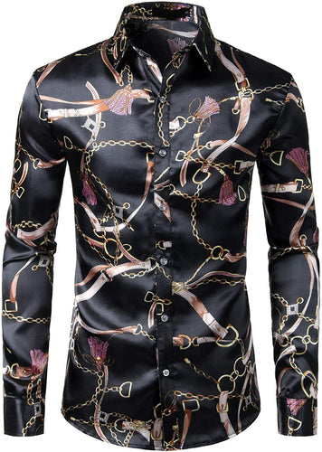 Men's Luxury Chained Black Printed Silk Like Satin Button Down Shirt