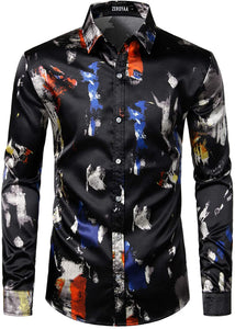 Men's Luxury Chained Black Printed Silk Like Satin Button Down Shirt