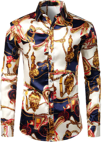 Men's Luxury Golden Beige Long Sleeve Satin Button Down Shirt