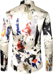 Men's Luxury Beige Paint Printed Long Sleeve Satin Button Down Shirt