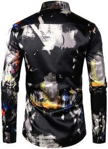 Men's Luxury Beige Paint Printed Long Sleeve Satin Button Down Shirt