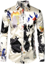 Load image into Gallery viewer, Ilustrious White Paint Printed Silk Like Satin Button Down Dress Shirt