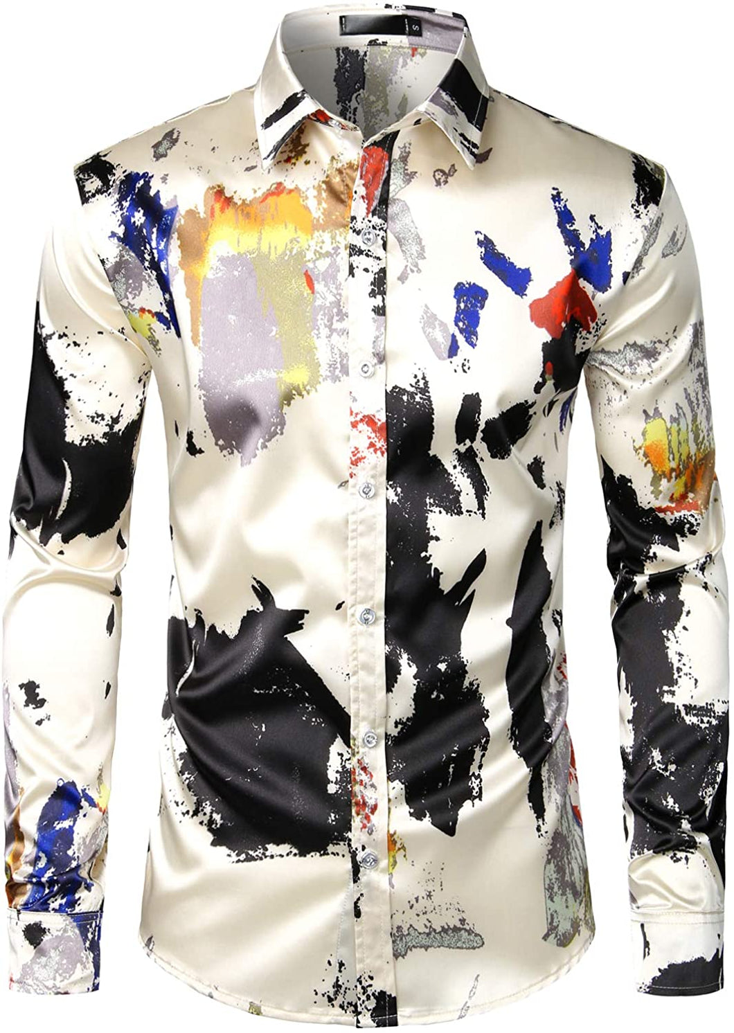 Ilustrious White Paint Printed Silk Like Satin Button Down Dress Shirt