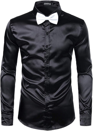 Men's Luxury Black Shiny Silk Button Up Shirt