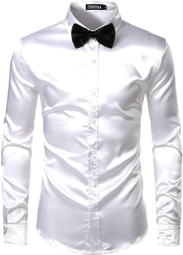 Men's Luxury White Silk Long Sleeve Satin Button Up Shirt